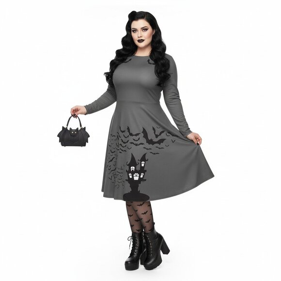 Plus Size Goth Bat Print Long Sleeve Pinup Dress with Pockets - Picture 16 of 17